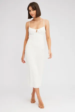Stitch Glow White Midi Dress Gathered Bust Eyelet Fabric