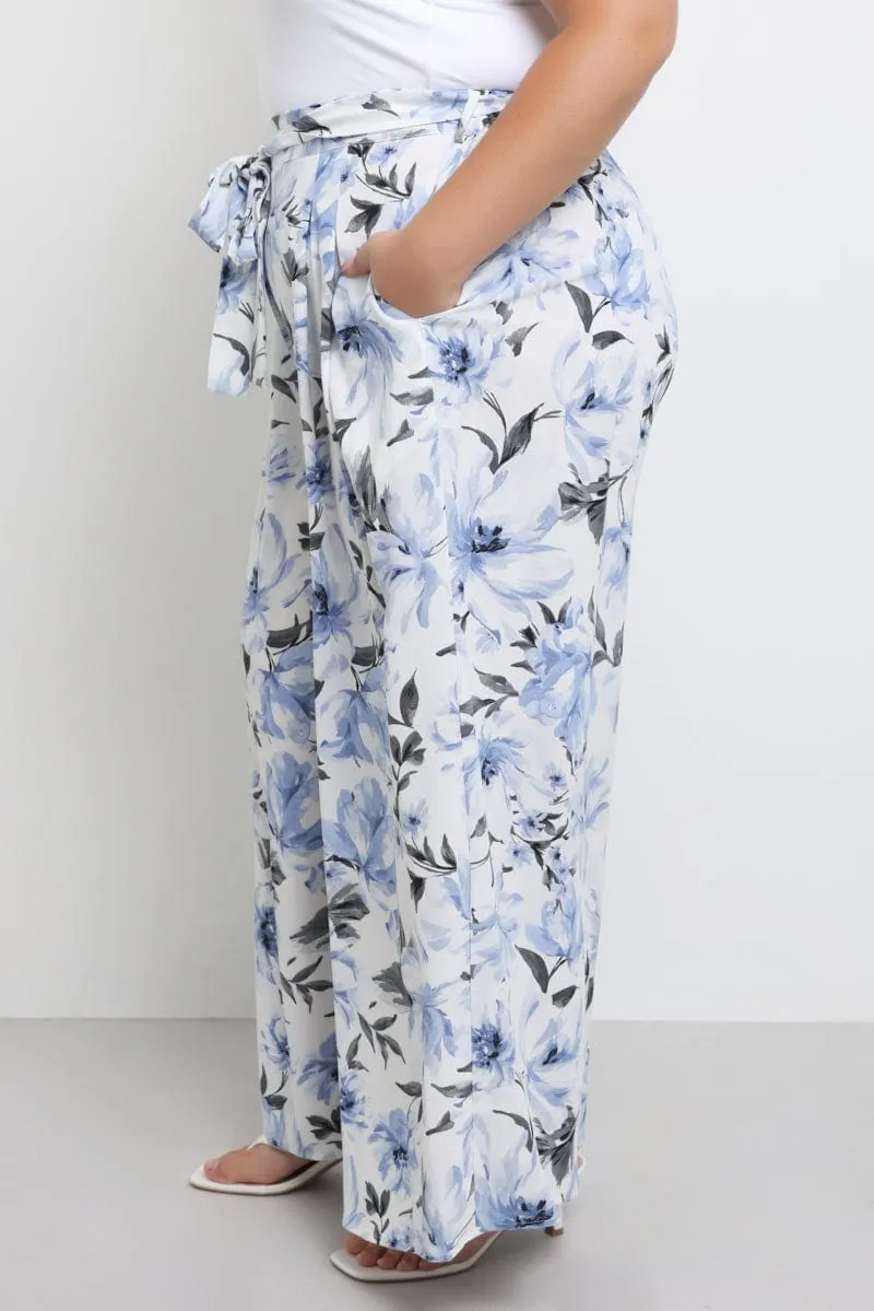 Blue Floral Wide Leg Pants Belted Comfy Wearable Stretchable Wear