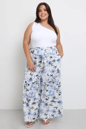 Blue Floral Wide Leg Pants Belted Fresh Fit All Day Wear