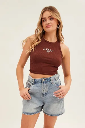 Brown Hawaii Crew Neck Sleeveless Graphic Tank Air Move