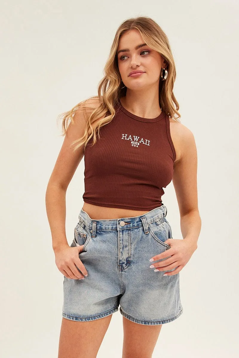 Brown Hawaii Crew Neck Sleeveless Graphic Tank Air Move