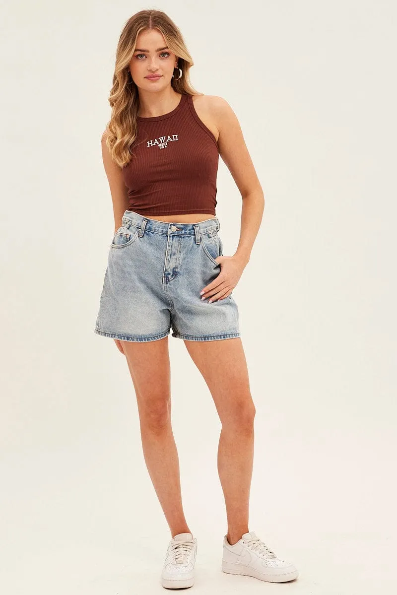 All-Day Fit Brown Hawaii Crew Neck Sleeveless Graphic Tank