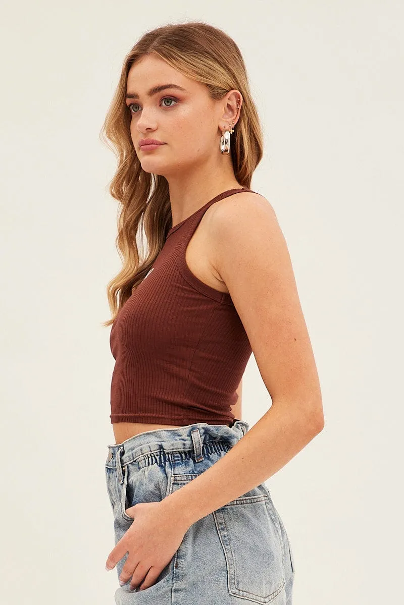Photo Glam Brown Hawaii Crew Neck Sleeveless Graphic Tank