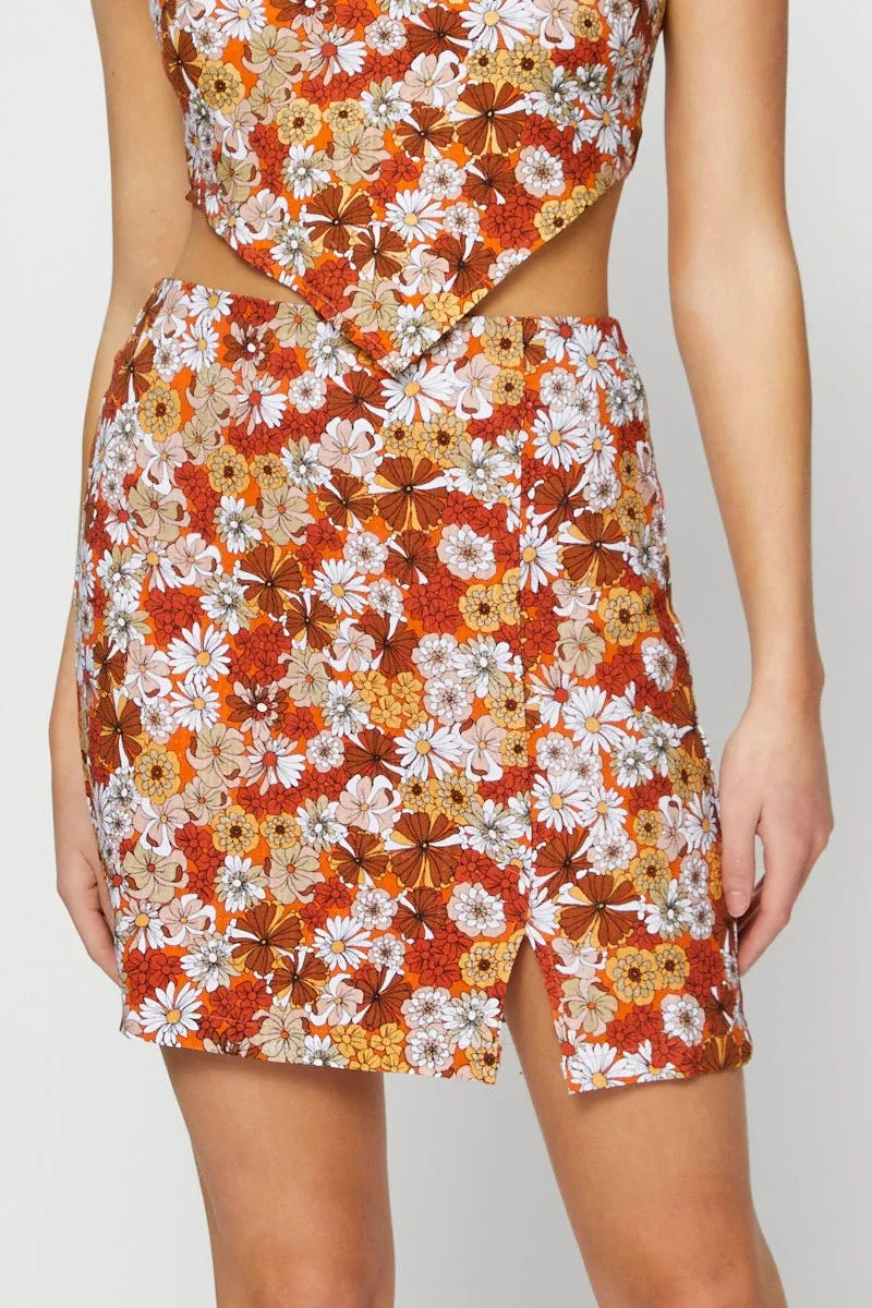 Print Linen Blend Floral Print Front Split Mini Skirt Feminine Charm Detail Focus