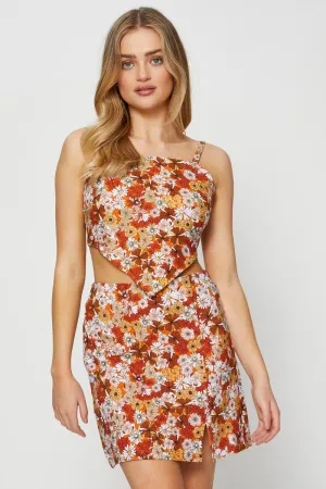 Polished Fit Twist Front Print Linen Blend Floral Print Front Split Mini Skirt