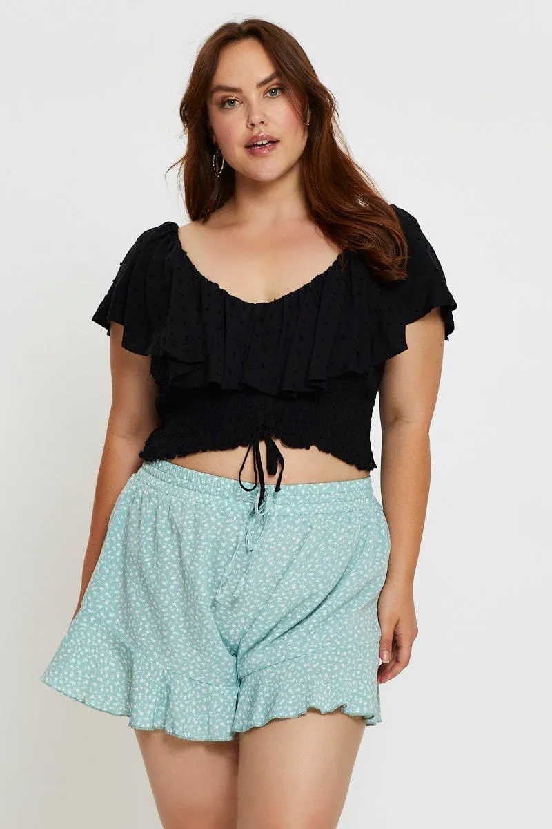 Compact Packable Design Floral Print Shorts High Rise Elastic Waist Frill Hem