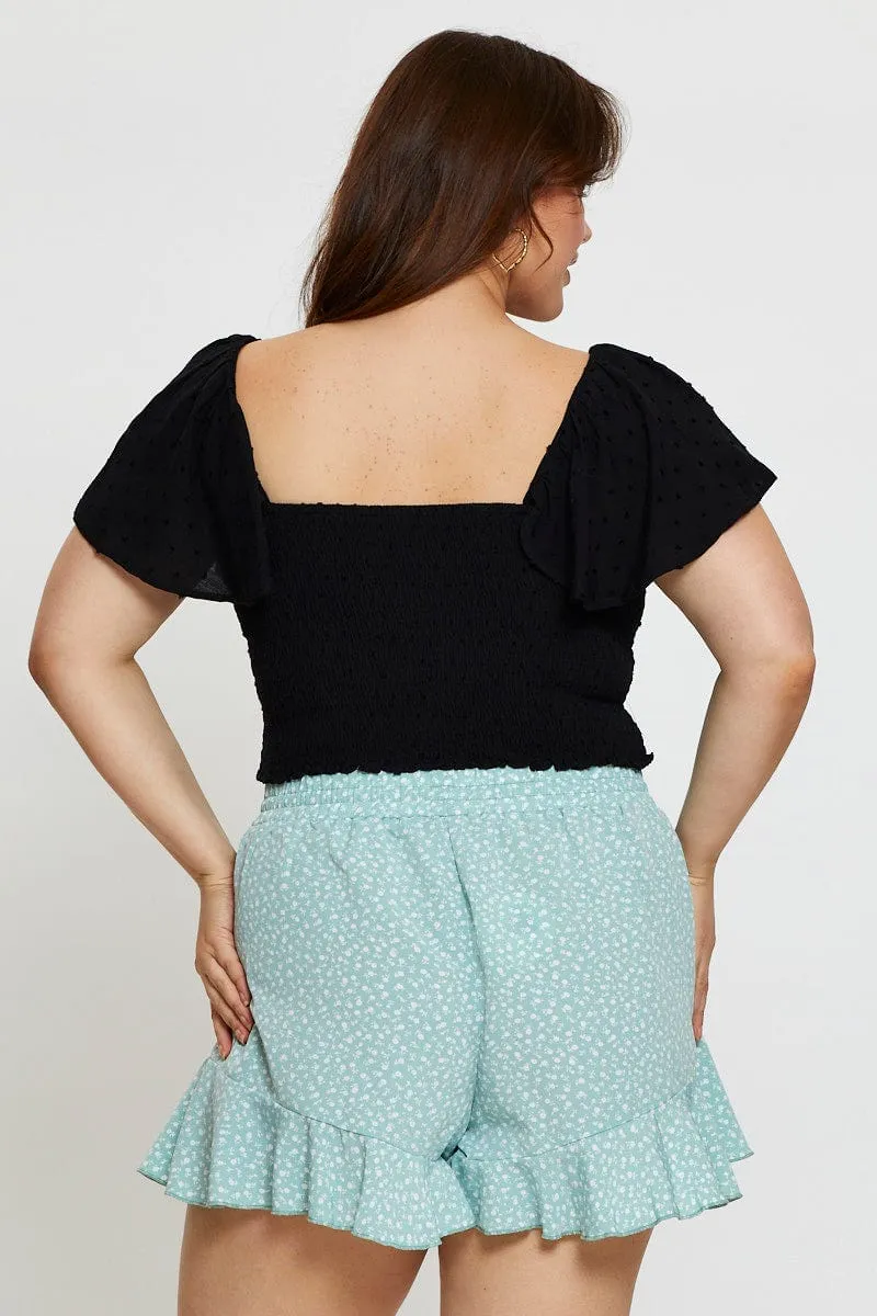 casual fun Floral Print Shorts High Rise Elastic Waist Frill Hem