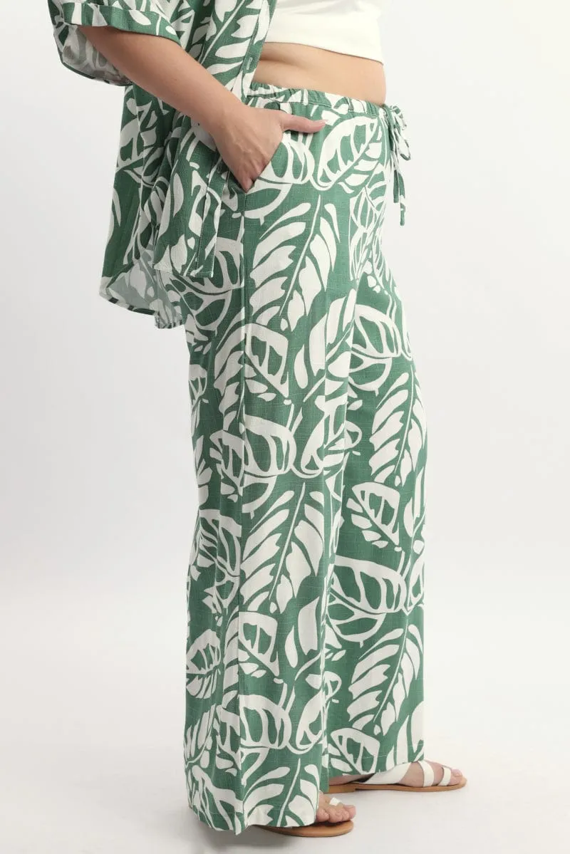 Odor Control Technology Green Abstract Elastic Waist Linen Blend Wide Leg Pants