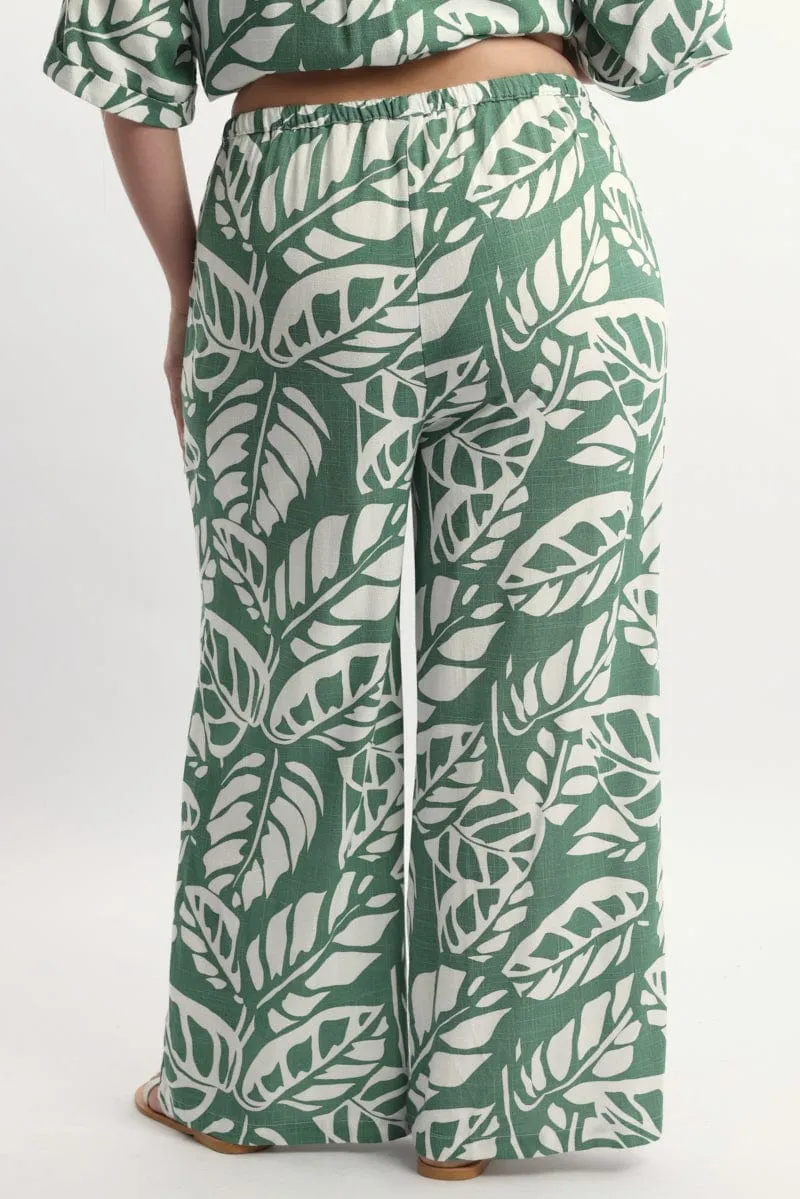 Green Abstract Elastic Waist Linen Blend Wide Leg Pants Flexible Fit Chic Design Wear