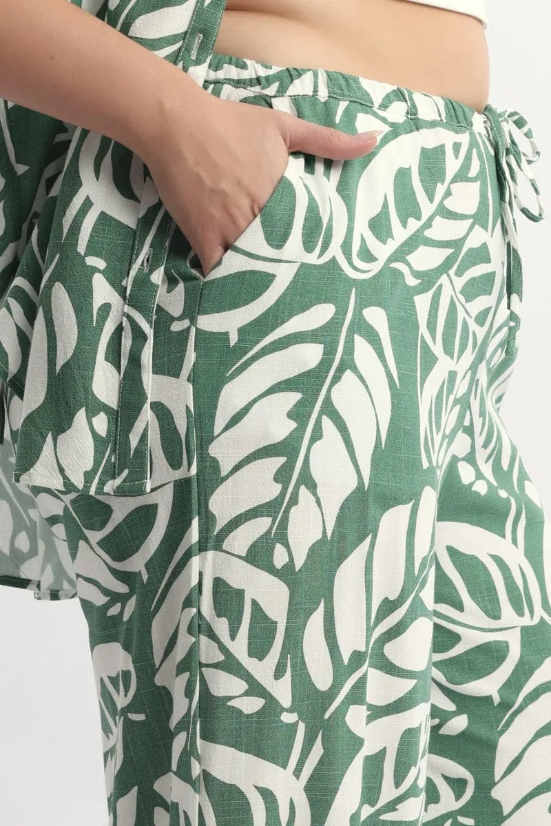 Green Abstract Elastic Waist Linen Blend Wide Leg Pants Flowy legs