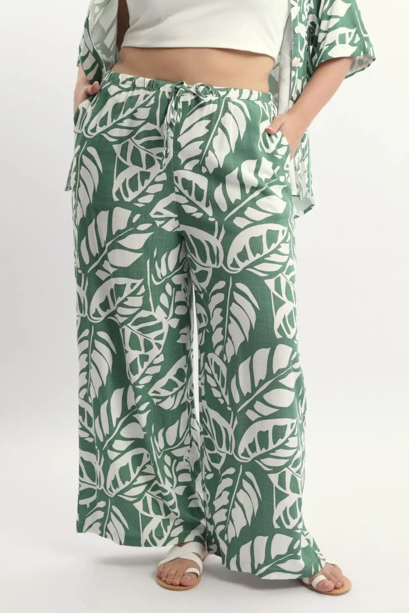 Quick Layer Active Comfort Fit Green Abstract Elastic Waist Linen Blend Wide Leg Pants