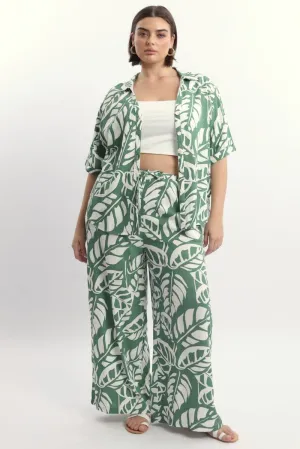 Green Abstract Elastic Waist Linen Blend Wide Leg Pants Padded hips