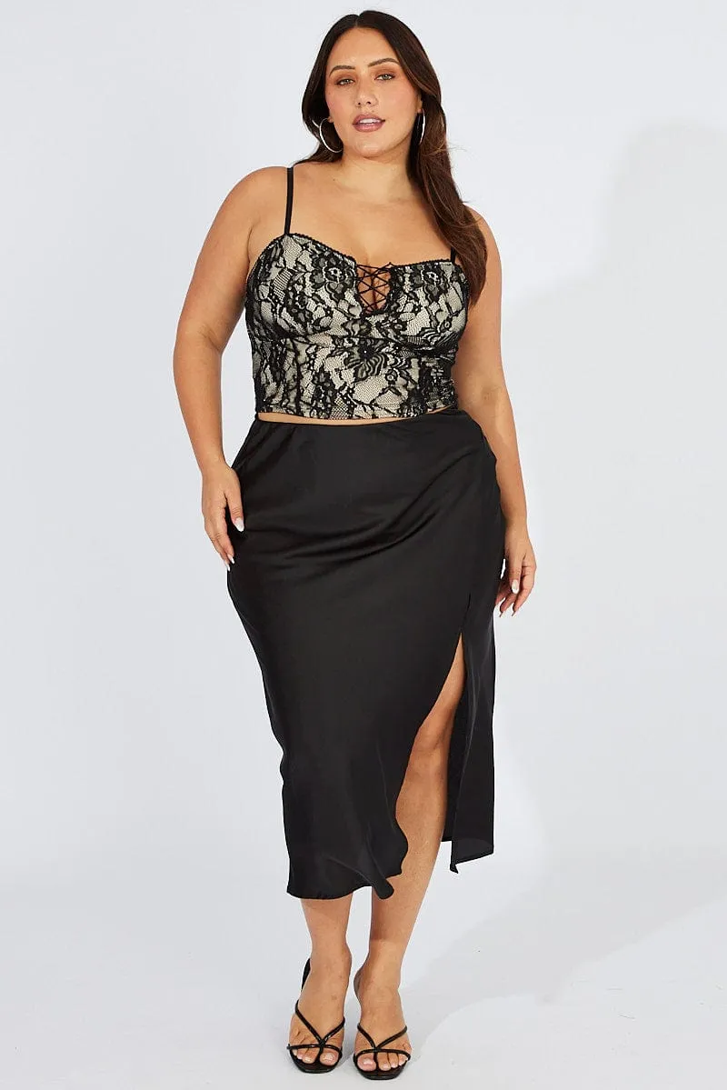 Black Cami Top Sleeveless Lace TaglessCollar MultiFunctional Pockets