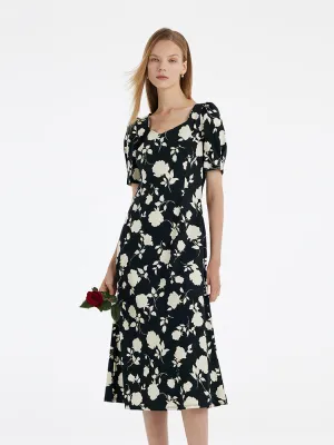 Rose Print Square Neck Women Midi Dress Casual Glam