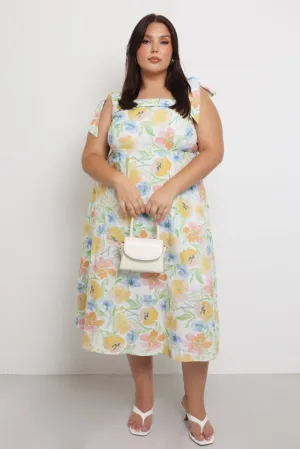 Glam Lady Yellow Floral Midi Dress Sleeveless Tie Strap