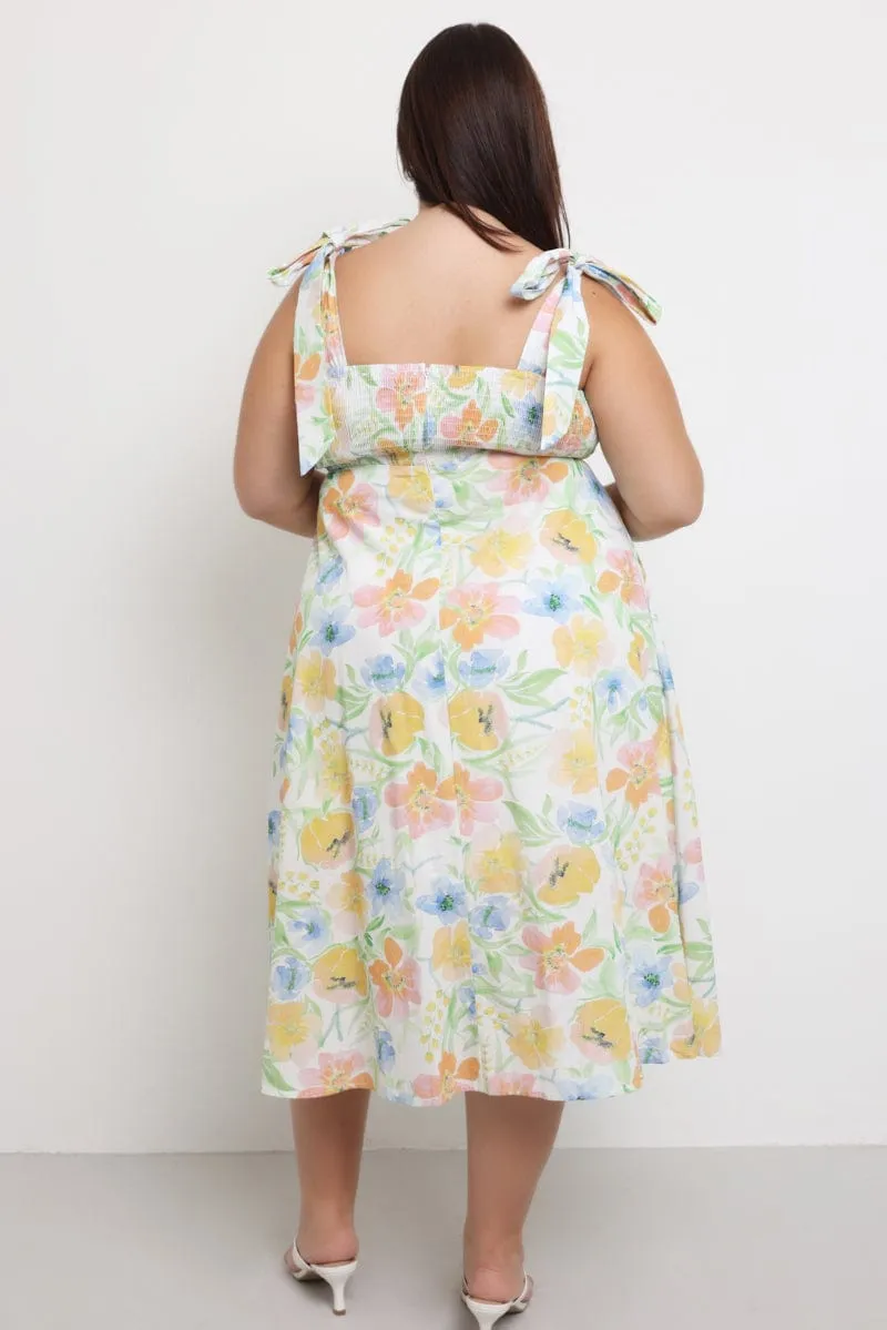 Yellow Floral Midi Dress Sleeveless Tie Strap Casual Elegance Soft and breathable dress