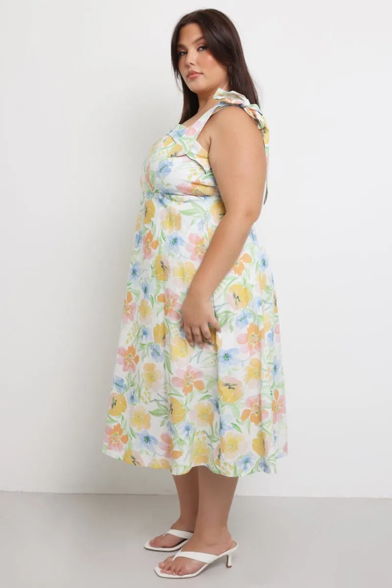 Sleek Silhouette Fashionable Piece Yellow Floral Midi Dress Sleeveless Tie Strap