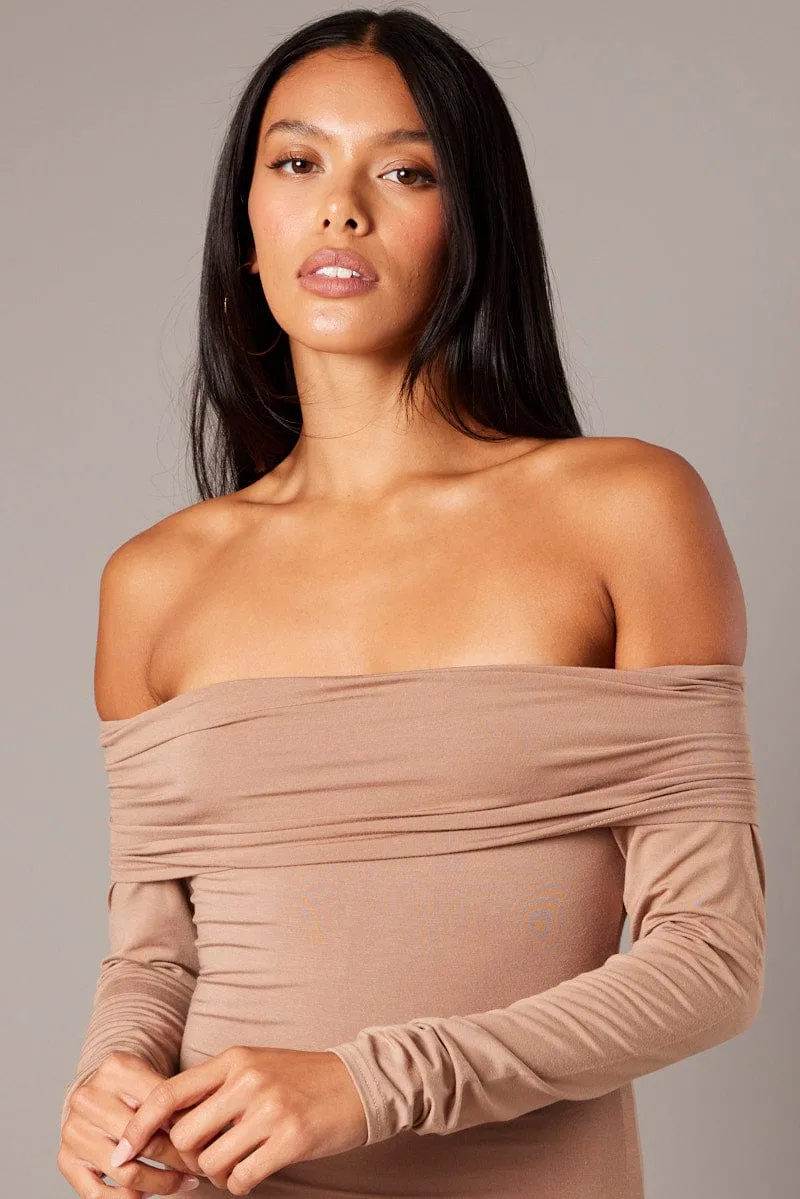 Brown Off Shoulder Dress Long Sleeve Maxi Office Glam