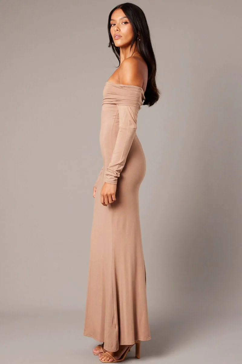Active Ease AI Core Brown Off Shoulder Dress Long Sleeve Maxi