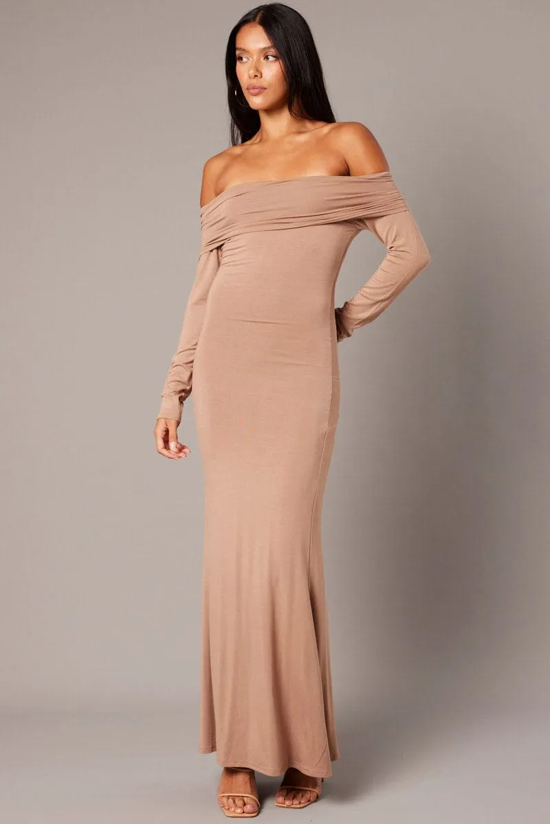 Brown Off Shoulder Dress Long Sleeve Maxi OrganicCotton