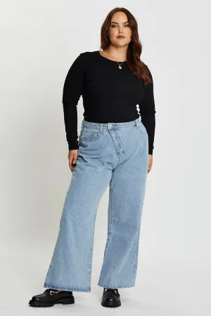 Blue High Rise Asymmetric Straight Denim Jeans Seamless Waistband Finish