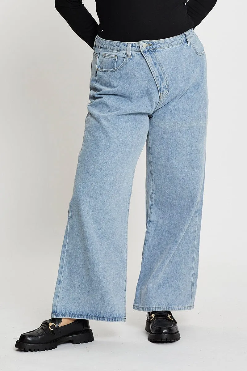 Blue High Rise Asymmetric Straight Denim Jeans Party Look Sunny Vibes Couple Look Outdoor Adventure Adult Fashion