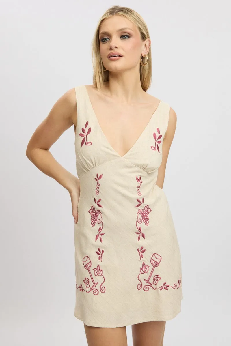 Beige Mini Dress V Neck Embroidery Show Edge