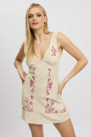 Fashion Design Figure Pop Beige Mini Dress V Neck Embroidery