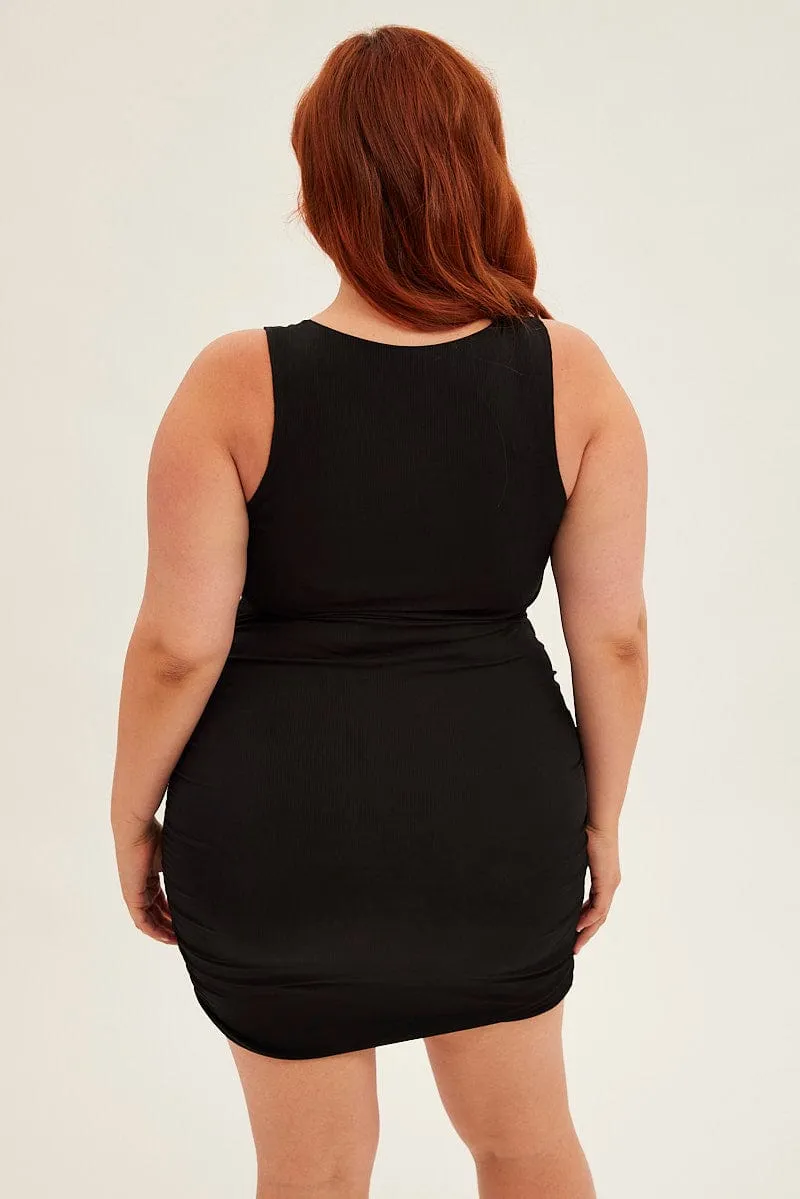 Modern and sleek mini Black Mini Dress Sleeveless Rib Jersey Ruched