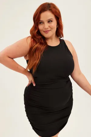 Girl Power Bright-colored mini Black Mini Dress Sleeveless Rib Jersey Ruched