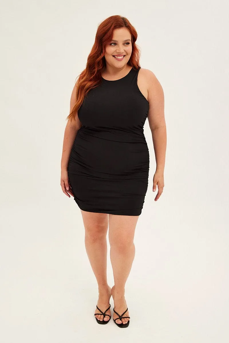 Black Mini Dress Sleeveless Rib Jersey Ruched Bohemian style Sheer Glam
