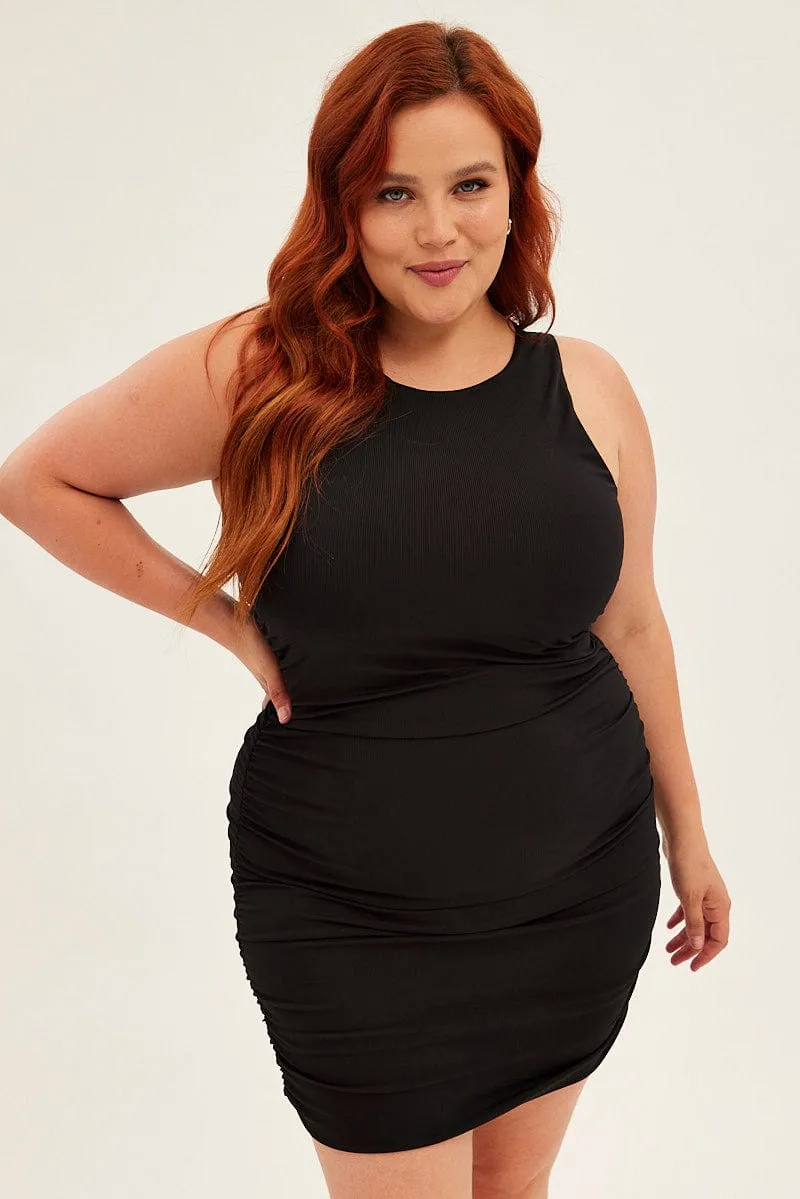 Star Heat Black Mini Dress Sleeveless Rib Jersey Ruched