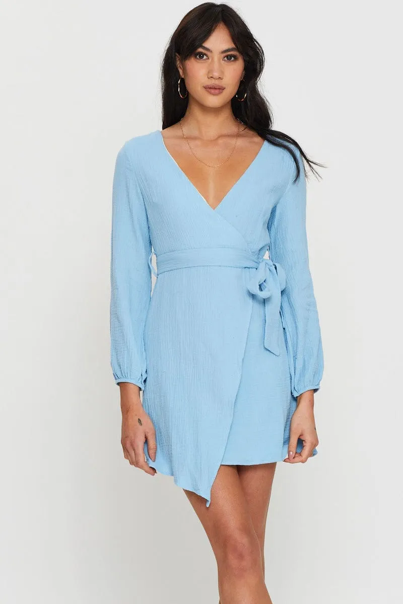 Stretch Fit Design Vibrant Wear Blue Mini Dress Short Sleeve