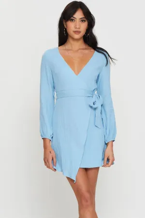 Stretch Fit Design Vibrant Wear Blue Mini Dress Short Sleeve