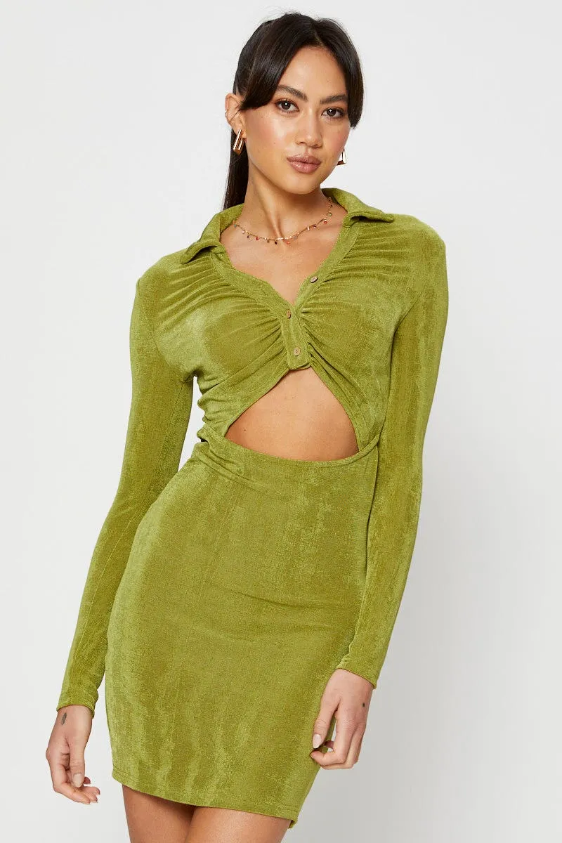 Green Mini Dress Slinky Jersey Cut Out Shine Light