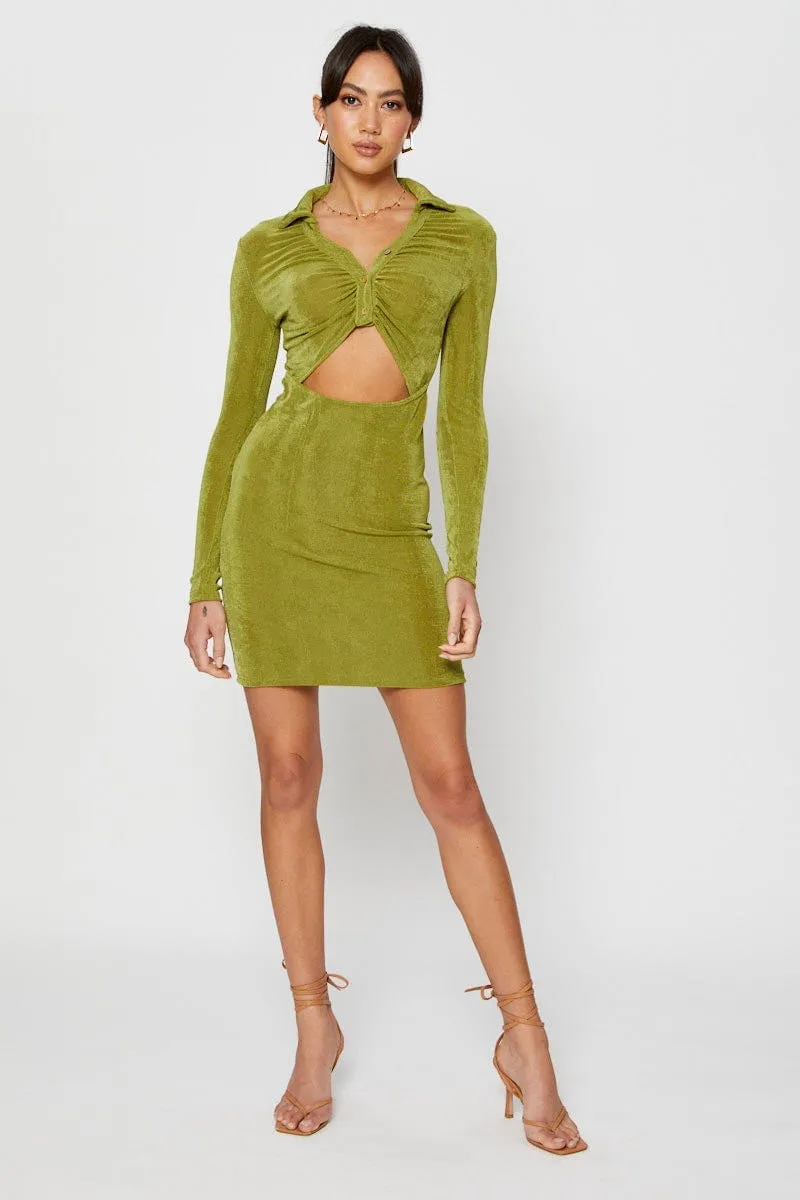 Dress for casual outings Green Mini Dress Slinky Jersey Cut Out