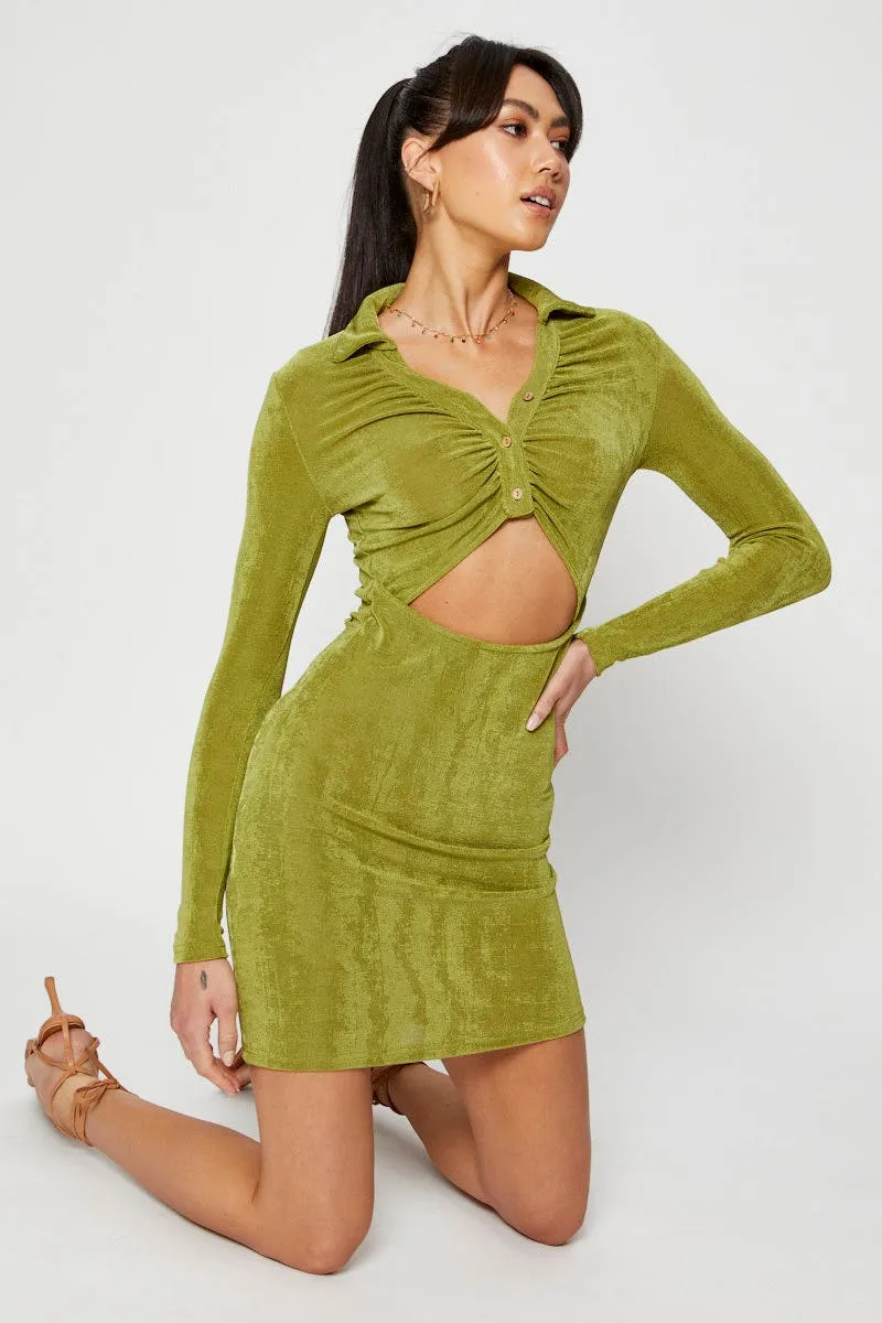 Green Mini Dress Slinky Jersey Cut Out Classic cute short dress Angle Look