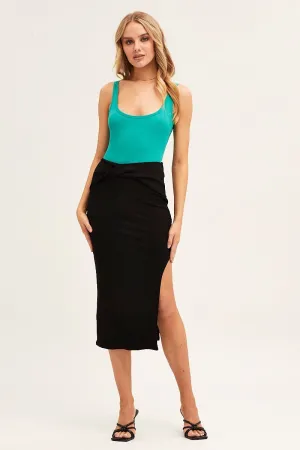Simple Fit Black Midi Skirt High Rise Side Split Rib