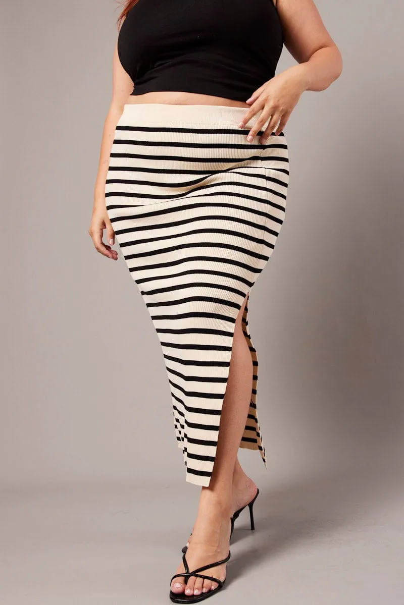 Heat Dissipating Fabric Black Stripe Rib Knit One Split Skirt