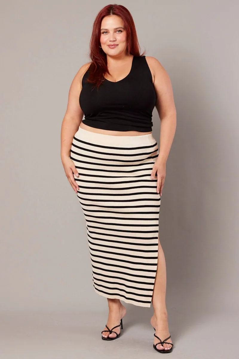Frayed Finish Black Stripe Rib Knit One Split Skirt