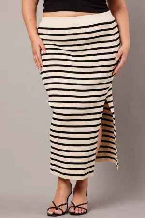 Black Stripe Rib Knit One Split Skirt Sustainable Innovation Wrinkle Resistant