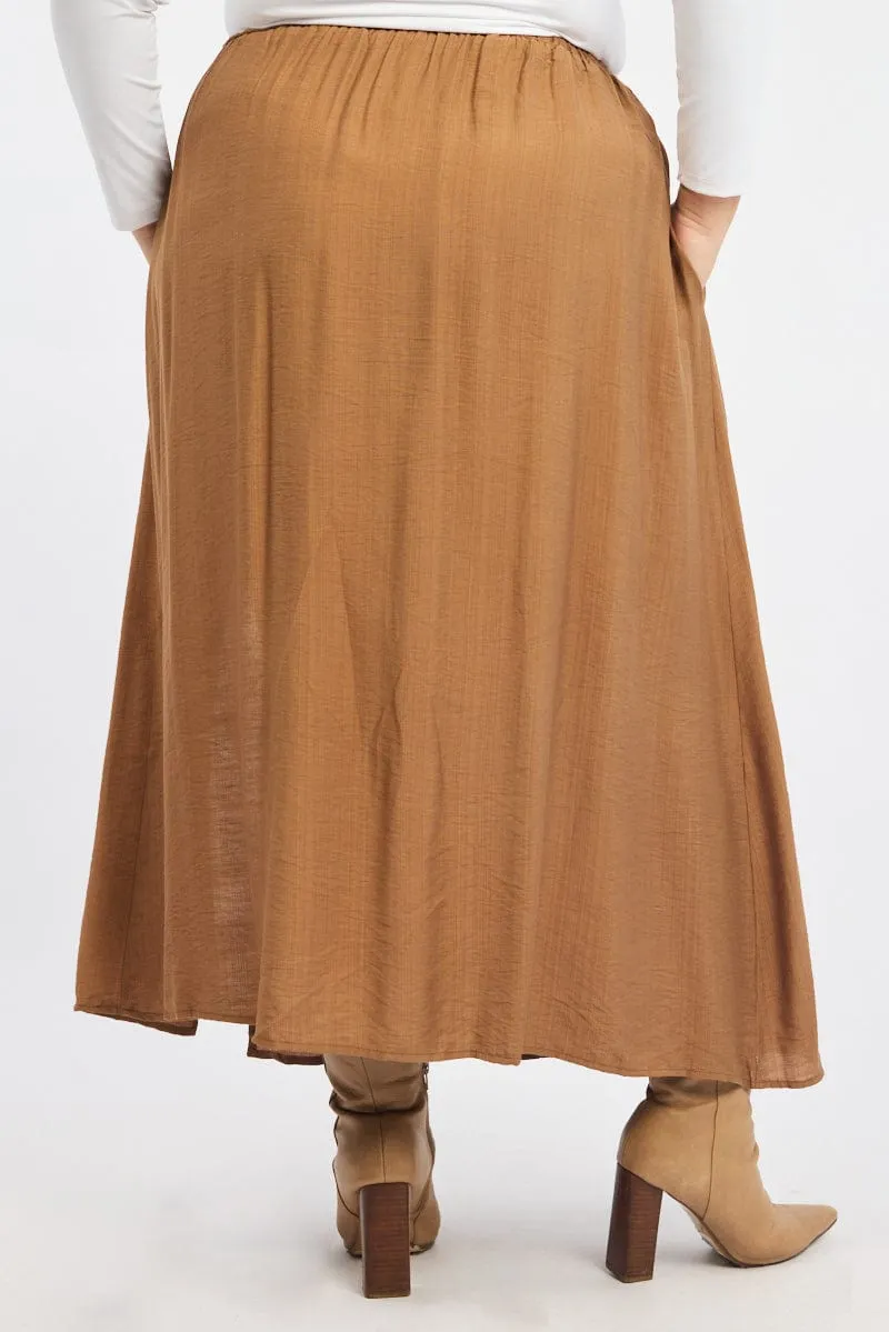 Brown Tie Waist Split Side Maxi Skirt Seamless Edging Smooth Look
