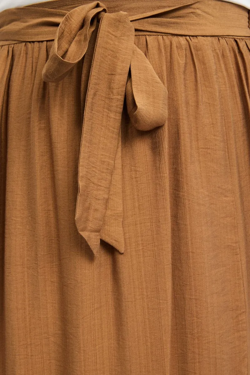Reinforced Pockets Brown Tie Waist Split Side Maxi Skirt