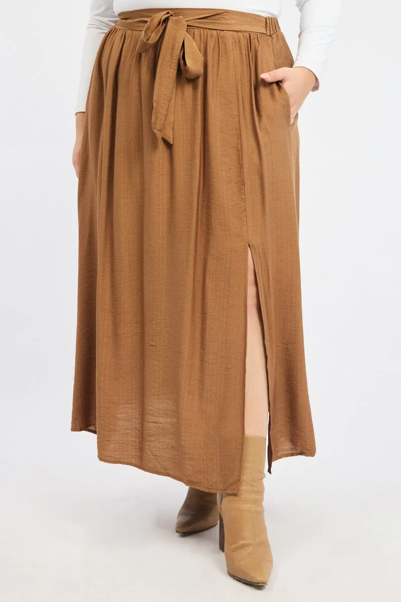 Brown Tie Waist Split Side Maxi Skirt Bold Mood Mini length