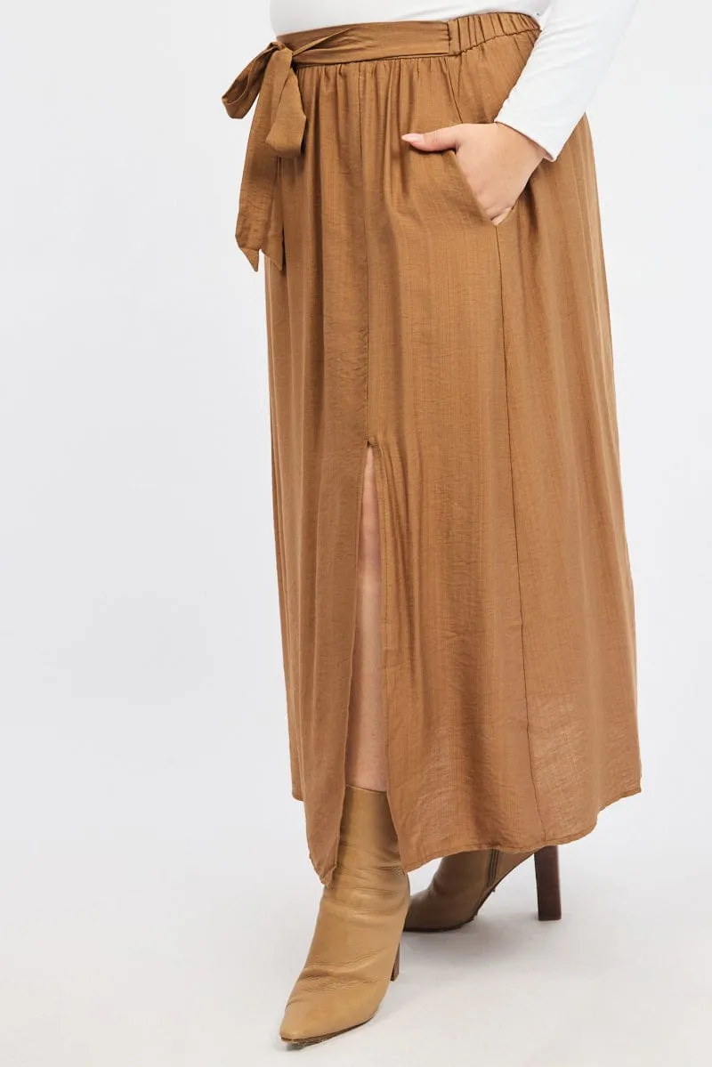 Mix Culture Mood Dressing Brown Tie Waist Split Side Maxi Skirt