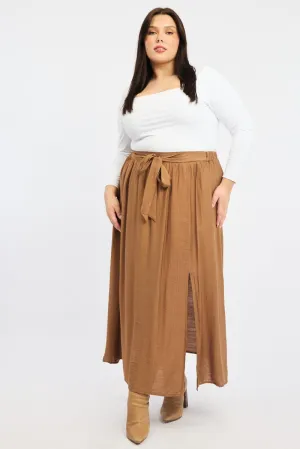 Brown Tie Waist Split Side Maxi Skirt Gentle Comfort