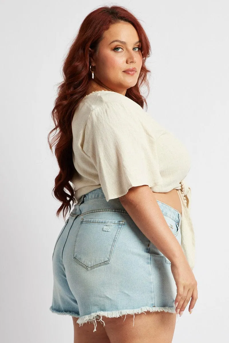 Denim Relaxed Shorts High Rise Distressed Hem Sky Cool Cozy Layer