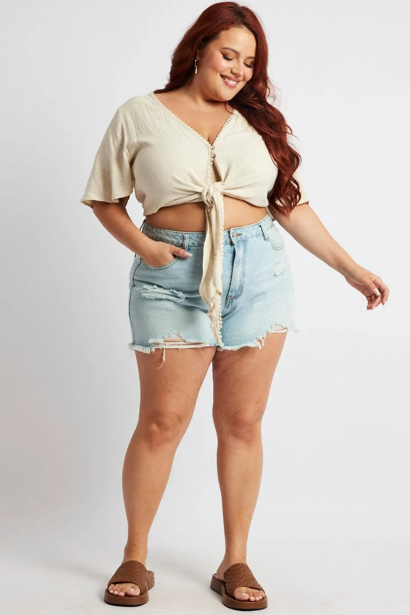 Snow Ready Denim Relaxed Shorts High Rise Distressed Hem