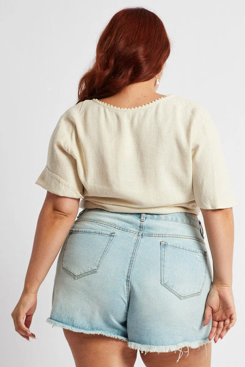 Denim Relaxed Shorts High Rise Distressed Hem Business Wear
