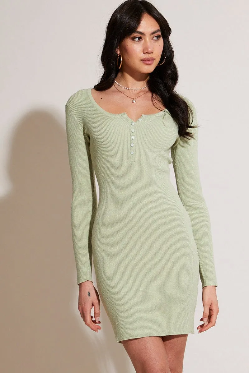 Green Knit Dress Long Sleeve Bodycon HighDensity Weave Summer Outerwear
